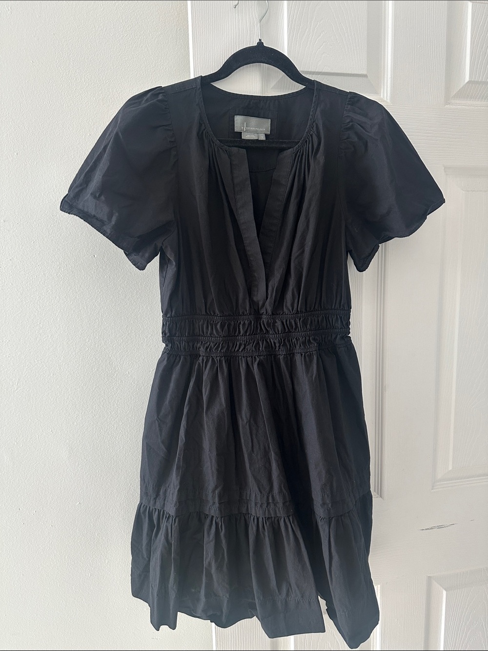 By anthropologie dress Black Short-Sleeve Smocked-Waist Tiered Mini Dress size S